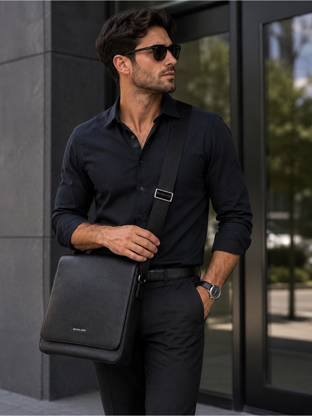 Michael Kors Men’s Black Pebbled Leather Messenger Crossbody Work Bag